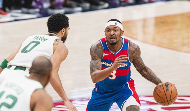 Washington Wizards Bradley Beal drives the ball against the Boston Celtics at the Capital One Arena in Washington D.C., Jan. 23, 2022. (Photo by All-Pro Reels)