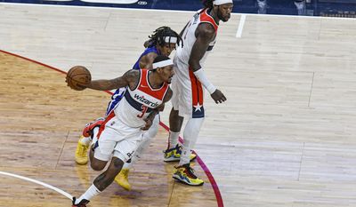 Wizards forward Montrezl Harrell sets a screen for Wizards guard Bradley Beal, from Washington Wizards vs. Los Angeles Clippers at Captial One Arena, Washington, D.C., January 25th, 2022 (Photo: Joe Glorioso | All-Pro Reels)