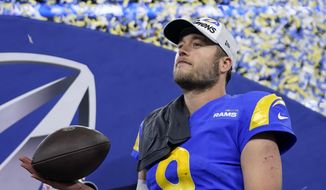 Los Angeles Rams&#39; Matthew Stafford celebrates after the NFC Championship NFL football game against the San Francisco 49ers Sunday, Jan. 30, 2022, in Inglewood, Calif. The Rams won 20-17 to advance to the Super Bowl. (AP Photo/Marcio Jose Sanchez) **FILE**