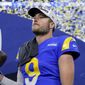 Los Angeles Rams&#x27; Matthew Stafford celebrates after the NFC Championship NFL football game against the San Francisco 49ers Sunday, Jan. 30, 2022, in Inglewood, Calif. The Rams won 20-17 to advance to the Super Bowl. (AP Photo/Marcio Jose Sanchez) **FILE**