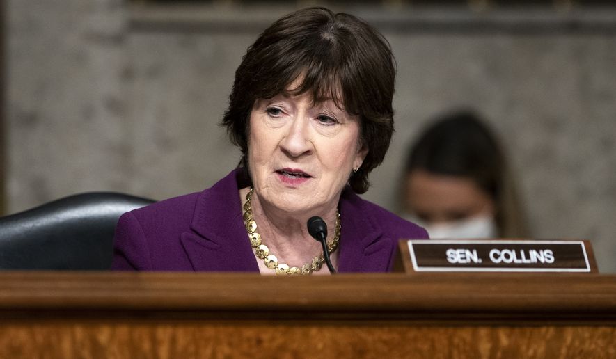 Sen. Susan Collins, R-Maine, speaks during a Senate Health, Education, Labor, and Pensions Committee hearing to examine the federal response to COVID-19 and new emerging variants, Jan. 11, 2022, on Capitol Hill in Washington. (Greg Nash/Pool via AP, File)
