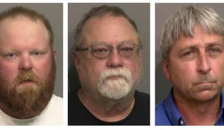 This combo of booking photos provided by the Glynn County, Ga., Detention Center, shows from left, Travis McMichael, his father Gregory McMichael, and William &amp;quot;Roddie&amp;quot; Bryan Jr. (Glynn County Detention Center via AP, File)