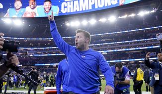 Los Angeles Rams head coach Sean McVay celebrates after the NFC Championship NFL football game against the San Francisco 49ers Sunday, Jan. 30, 2022, in Inglewood, Calif. The Rams won 20-17 to advance to the Super Bowl. (AP Photo/Marcio Jose Sanchez)