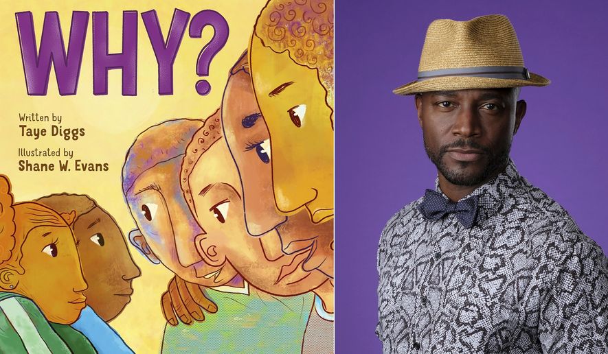 This combination photo shows cover art for "Why" a children's book written by Taye Diggs and illustrated by Shane W. Evans, left and a portrait of Diggs during the 2018 Television Critics Association Summer Press Tour, on Aug. 6, 2018, in Beverly Hills, Calif. (Feiwel & Friends via AP)