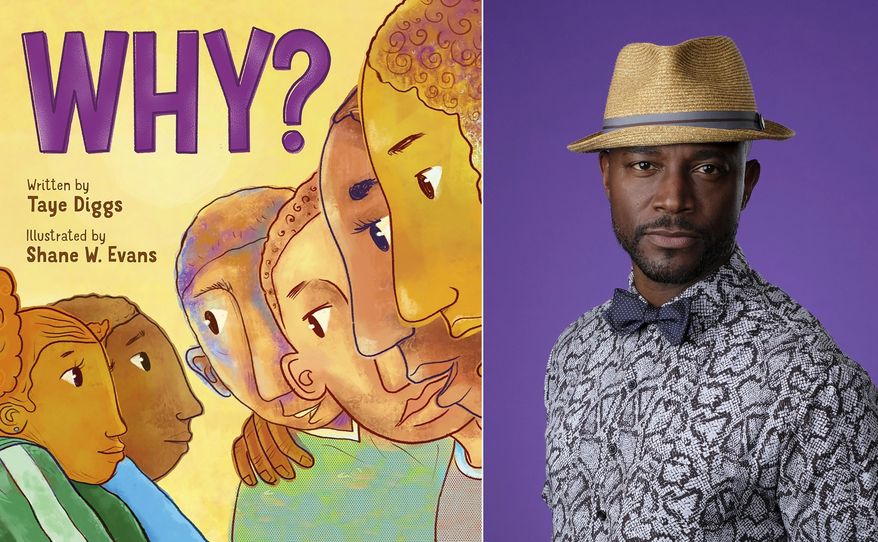 This combination photo shows cover art for "Why" a children's book written by Taye Diggs and illustrated by Shane W. Evans, left and a portrait of Diggs during the 2018 Television Critics Association Summer Press Tour, on Aug. 6, 2018, in Beverly Hills, Calif. (Feiwel & Friends via AP)