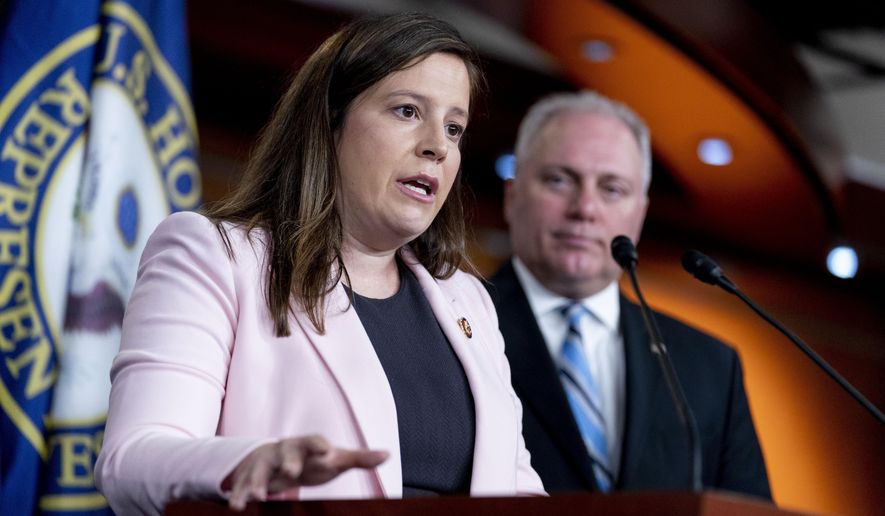 House Republican Conference Chair Rep. Elise Stefanik, R-N.Y., accompanied by House Minority Whip Steve Scalise, R-La., right, speaks at a news conference on Capitol Hill in Washington, Tuesday, June 15, 2021. Proposed political maps released by the leaders of New York&#39;s Democrat-dominated legislature would give the party an advantage in 22 of of the state&#39;s 26 congressional districts and mean re-election trouble for several Republican members of the U.S. House. The congressional map in upstate New York would be realigned to create three Republican super districts — one of them now home to U.S. Rep. Elise Stefanik, the third-ranking House Republican. (AP Photo/Andrew Harnik)