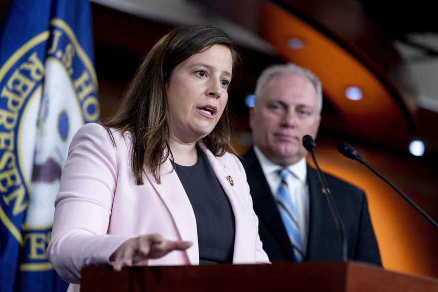 House Republican Conference Chair Rep. Elise Stefanik, R-N.Y., accompanied by House Minority Whip Steve Scalise, R-La., right, speaks at a news conference on Capitol Hill in Washington, Tuesday, June 15, 2021. Proposed political maps released by the leaders of New York&#39;s Democrat-dominated legislature would give the party an advantage in 22 of of the state&#39;s 26 congressional districts and mean re-election trouble for several Republican members of the U.S. House. The congressional map in upstate New York would be realigned to create three Republican super districts — one of them now home to U.S. Rep. Elise Stefanik, the third-ranking House Republican. (AP Photo/Andrew Harnik)