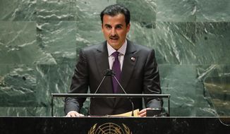Qatar&#39;s Emir Sheikh Tamim bin Hamad al-Thani addresses the 76th Session of the U.N. General Assembly at United Nations headquarters in New York, on Tuesday, Sept. 21, 2021. President Joe Biden is hosting the ruling leader of Qatar at the White House on Monday, Jan 31, 2022, as the West faces the prospect of a European energy crunch if Russia further invades Ukraine. (Eduardo Munoz/Pool Photo via AP, File)