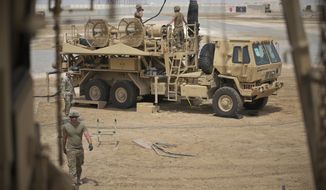 In this photo released by the U.S. Air Force, U.S. Army troops work near a Patriot missile battery at Al-Dhafra Air Base in Abu Dhabi, United Arab Emirates, May 5, 2021. The U.S. military launched Patriot interceptor missiles during an attack Monday, Jan. 31, 2022, by Yemen&#39;s Houthi rebels that targeted the United Arab Emirates during a visit by Israel&#39;s president, the second-such time American troops have opened fire, officials said. (Staff Sgt. Jao&#39;Torey Johnson/U.S. Air Force via AP)