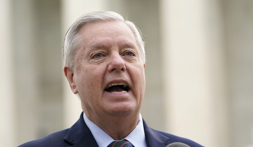 Sen. Lindsey Graham, R-S.C., speaks during a news conference outside the Supreme Court in Washington, Thursday, April 22, 2021. Congress is reviving a bill to crack down on tech over online child sexual exploitation by taking aim at legal liability protections. (AP Photo/Susan Walsh, File)