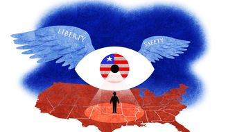 Illustration on the nature of government surveillance and spying by Alexander Hunter/The Washington Times