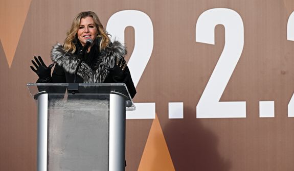 Senior Vice President of Media Julie Donaldson speaking during the  Washington Commanders team name and logo reveal at FedEx Field on Feb. 2, 2022, in Landover, Maryland. (Reggie Hildred/All-Pro Reels)