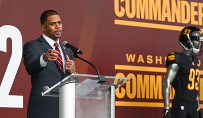 Team President Jason Wright speaks during the press conference as he announces the Washington Commanders as the new team name at FedEx Field on February 2nd 2022 in Landover MD. (Reggie Hildred/All-Pro Reels)