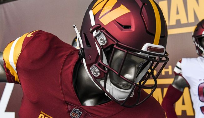 The new Washington Commanders logo (on the helmet) and uniforms were revealed at FedEx Field in Landover, Maryland on Wednesday. (Joe Glorioso | All-Pro Reels)