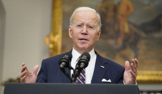 President Joe Biden speaks about a counterterrorism raid carried out by U.S. special forces that killed top Islamic State leader Abu Ibrahim al-Hashimi al-Qurayshi in northwestern Syria, Thursday, Feb. 3, 2022, in the Roosevelt Room of the White House in Washington. (AP Photo/Patrick Semansky)