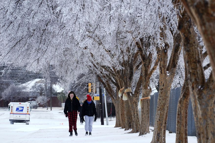 People walk on a sidewalk along a busy road where the canopies on the trees were frozen over after a winter storm that moved in overnight in Richardson, Texas, Thursday, Feb. 3, 2022. (AP Photo/Tony Gutierrez)