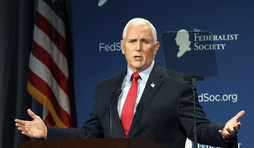Former Vice President Mike Pence speaks at the Florida chapter of the Federalist Society&#x27;s annual meeting at Disney&#x27;s Yacht Club resort in Walt Disney World on Friday, Feb. 4, 2022, in Orlando, Fla. Pence, on Friday, directly rebutted Donald Trump&#x27;s false claims that Pence somehow could have overturned the results of the 2020 election, saying that the former president was simply “wrong.” (Stephen M. Dowell/Orlando Sentinel via AP) ** FILE **