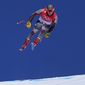 Aleksander Aamodt Kilde, of Norway makes a jump during a men&#39;s downhill training run at the 2022 Winter Olympics, Thursday, Feb. 3, 2022, in the Yanqing district of Beijing. (AP Photo/Robert F. Bukaty)
