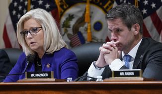 Rep. Liz Cheney, R-Wyo., and Rep. Adam Kinzinger, R-Ill., listen as the House select committee tasked with investigating the Jan. 6 attack on the U.S. Capitol meets on Capitol Hill in Washington, Oct. 19, 2021. Republican Party officials have voted to punish Cheney and Kinzinger and advanced a rule change that would prohibit candidates from participating in presidential debates organized by the Commission on Presidential Debates. GOP officials took a voice vote to approve both measures at the Republican National Committee’s winter meeting in Salt Lake City. (AP Photo/J. Scott Applewhite) **FILE**
