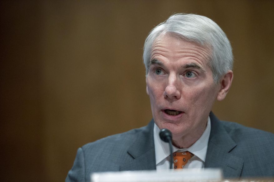 Ranking Member of the Senate Homeland Security and Governmental Affairs Committee Sen. Rob Portman, R-Ohio, speaks during a confirmation hearing for Shalanda Young, President Joe Biden&#39;s nominee for Director of the Office of Management and Budget (OMB), Tuesday, Feb. 1, 2022, in Washington. (Bonnie Cash/Bloomberg via AP)