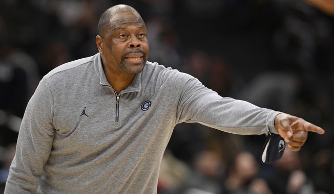 Georgetown head coach Patrick Ewing reacts during the second half of an NCAA college basketball game against Providence, Sunday, Feb. 6, 2022, in Washington. Providence won 71-52. (AP Photo/Nick Wass)