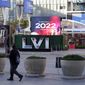 A Super Bowl display is placed at L.A. Live, Monday, Feb. 7, 2022, in Los Angeles. The Los Angeles Rams play the Cincinnati Bengals in the Super Bowl NFL Football game Feb. 13. (AP Photo/Marcio Jose Sanchez)