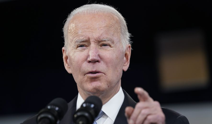 President Joe Biden speaks about domestic manufacturing, unions and electric vehicles in the South Court Auditorium in the Eisenhower Executive Office Building on the White House complex, Tuesday, Feb. 8, 2022, in Washington. (AP Photo/Alex Brandon)
