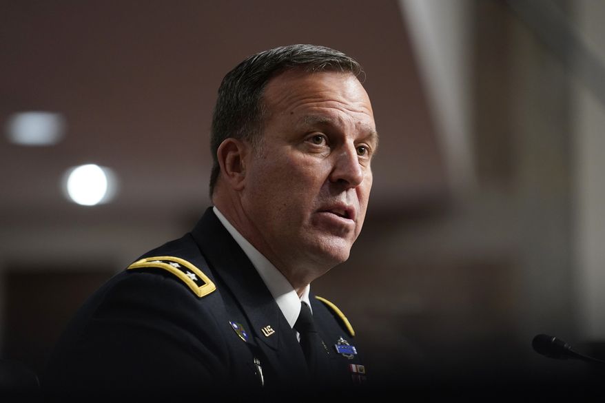 Lt. Gen. Michael E. Kurilla testifies before the Senate Armed Services committee during his confirmation hearing on Capitol Hill in Washington, Tuesday, Feb. 8, 2022, to be general and commander of the U.S. Central Command. (AP Photo/Susan Walsh)