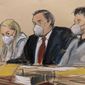 In this courtroom sketch, attorney Sam Enzer, center, sits between Heather Morgan, left, and her husband, Ilya &quot;Dutch&quot; Lichtenstein, in federal court, Tuesday, Feb. 8, 2022, in New York. The couple are accused of conspiring to launder billions of dollars in cryptocurrency stolen from the 2016 hack of a virtual currency exchange. (AP Photo/Elizabeth Williams)