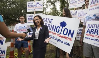 FILE - South Carolina Rep.Katie Arrington campaigns after voting for herself in the primary election, June 12, 2018 at Bethany United Methodist Church in Summerville, S.C. Arrington, the Republican who ousted Mark Sanford from Congress in 2018, is now mounting a primary effort to unseat Rep. Nancy Mace, a contest that showcases the role that former President Donald Trump is hoping to play in congressional races across the country. On Tuesday, Feb. 8, 2022 Arrington officially launched her primary challenge to Mace, a first-term member representing South Carolina&#x27;s southern coast. (Kathryn Ziesig/The Post And Courier via AP)