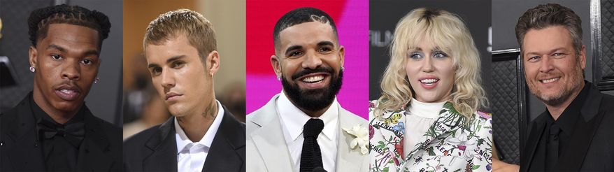 This combination of photos shows, from left, Lil Baby, Justin Bieber, Drake, Miley Cyrus and Blake Shelton, who are among the performers playing shows ahead of the Super Bowl between Los Angeles Rams and Cincinnati Bengals. (AP Photo)