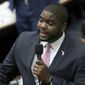 Rep. Byron Donalds, Florida Republican said he is disheartened by Democratic policy during a conversation with Republican National Committee chairwoman Ronna McDaniel. (AP Photo/Steve Cannon)