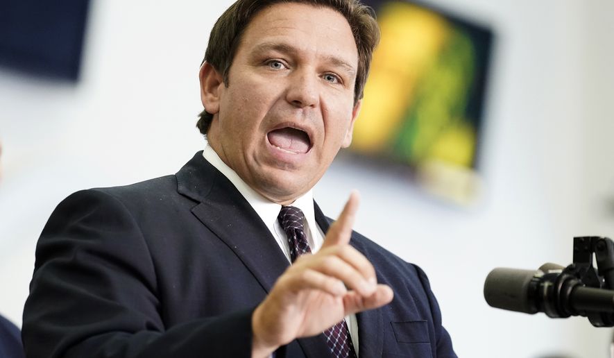 Florida Gov. Ron DeSantis speaks to supporters and members of the media after a bill signing on Nov. 18, 2021, in Brandon, Fla. (AP Photo/Chris O&#39;Meara) **FILE**