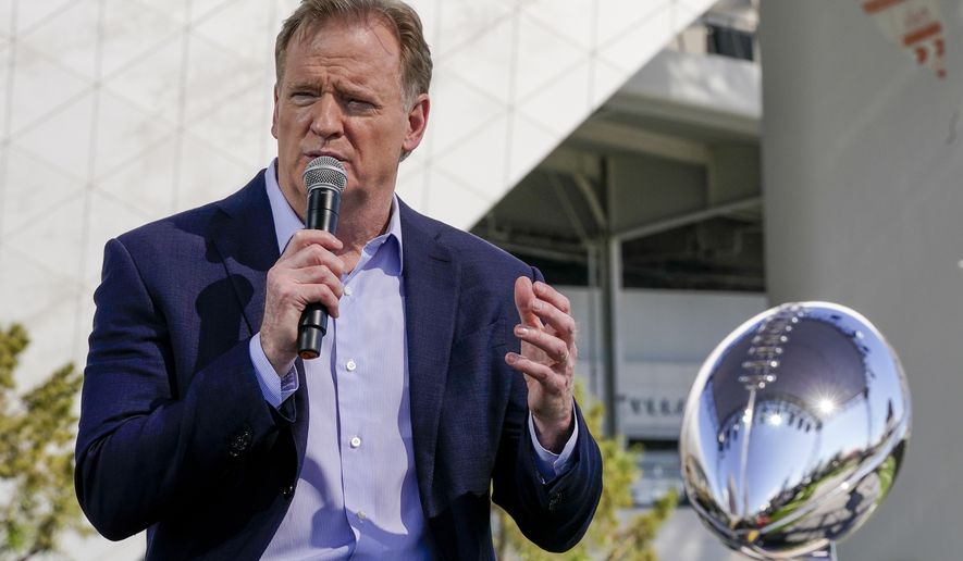 NFL Commissioner Roger Goodell speaks at a news conference Wednesday, Feb. 9, 2022, in Inglewood, Calif. (AP Photo/Morry Gash) **FILE**