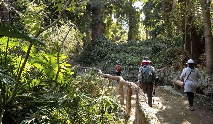 Visitors hike through Fern Dell in Griffith Park in Los Angeles, Wednesday, Feb. 9, 2022. Southern California has a heat warning in effect until Sunday at evening, with temperatures remaining above normal through the rest of the week. (David Crane/The Orange County Register via AP)