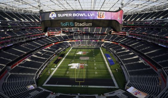 The interior of SoFi Stadium is seen days before the Super Bowl NFL football game Tuesday, Feb. 8, 2022, in Inglewood, Calif. The Los Angeles Rams are scheduled to play the Cincinnati Bengals in the Super Bowl on Sunday, Feb. 13. (AP Photo/Marcio Jose Sanchez)