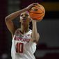 Maryland forward Angel Reese shoots a free throw against Wisconsin during the second half of an NCAA college basketball game, Wednesday, Feb. 9, 2022, in College Park, Md. Maryland won 70-43. (AP Photo/Julio Cortez)