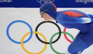 Natalia Voronina of the Russian Olympic Committee competes in the women&#39;s speedskating 5,000-meter race at the 2022 Winter Olympics, Thursday, Feb. 10, 2022, in Beijing. (AP Photo/Ashley Landis)