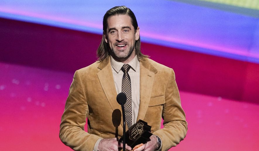 Aaron Rodgers of the Green Bay Packers receives the AP Most Valuable Player of the Year Award at the NFL Honors show Thursday, Feb. 10, 2022, in Inglewood, Calif. (AP Photo/Mark J. Terrill)