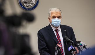 Nevada Gov. Steve Sisolak provides an update on COVID-19 regulations in Las Vegas on Aug. 16, 2021. Gov. Steve Sisolak is expected Thursday, Feb. 10, 2022, to announce revisions to Nevada&#x27;s coronavirus pandemic response, amid pressure to follow other states dropping mask mandates and following Biden administration preparations for a less-restrictive phase of the national pandemic response. (Chase Stevens/Las Vegas Review-Journal via AP) **FILE**