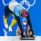 Vladyslav Heraskevych, of Ukraine, starts the men&#39;s skeleton run 3 at the 2022 Winter Olympics, Friday, Feb. 11, 2022, in the Yanqing district of Beijing. (AP Photo/Mark Schiefelbein)