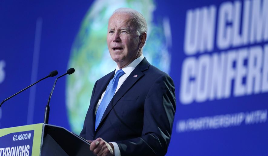 President Joe Biden speaks during the &quot;Accelerating Clean Technology Innovation and Deployment&quot; event at the COP26 U.N. Climate Summit, Nov. 2, 2021, in Glasgow, Scotland. A federal judge in Louisiana on Friday, Feb. 11, 2022, blocked the Biden administration&#39;s move to increase the government&#39;s cost estimate of future damages caused by greenhouse gas emissions, a key component of federal rules for oil and gas drilling, automobiles and other industries. (AP Photo/Evan Vucci, Pool, File)
