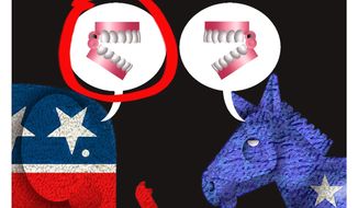 Illustration on the unequal standard in political discourse by Alexander Hunter/The Washington Times