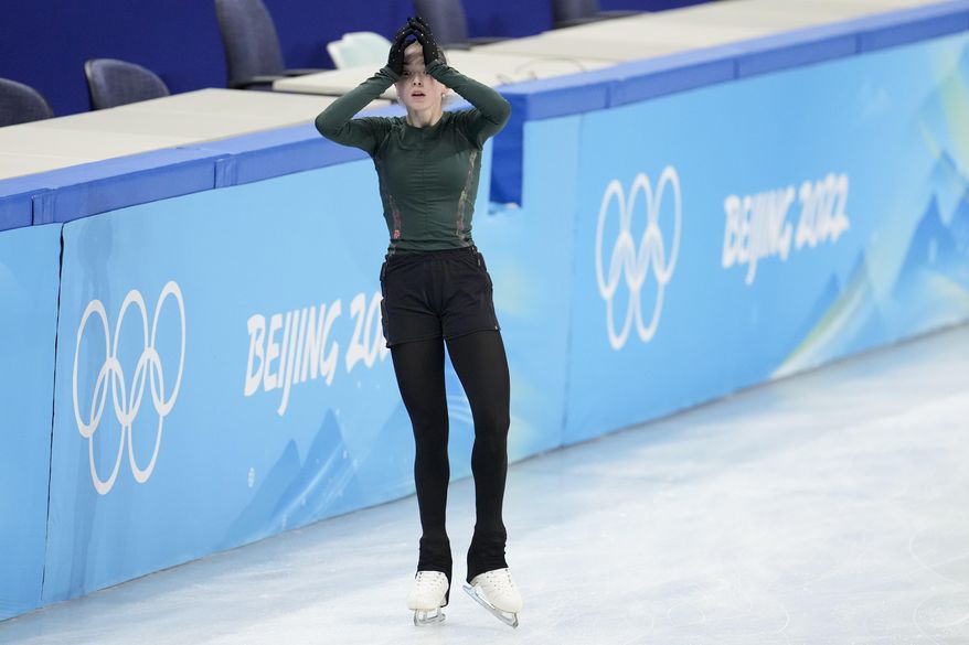 Kamila Valieva, of the Russian Olympic Committee, trains at the 2022 Winter Olympics, Sunday, Feb. 13, 2022, in Beijing. (AP Photo/Natacha Pisarenko)