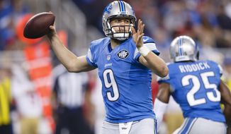 Detroit Lions quarterback Matthew Stafford (9) passes against the San Francisco 49ers during an NFL football game at Ford Field in Detroit, Sunday, Dec. 27, 2015. A sports apparel company is capitalizing on Detroit Lions fans’ loyalty to Matthew Stafford, the Super Bowl-bound Los Angeles Rams quarterback who for 12 years prior had made an appearance in that game seem possible for their home team. A store in a metro Detroit mall is selling the Lions-colored clothing with the phrase “Detroit Rams” featured above a logo that resembles a lion, only it’s a ram. (AP Photo/Rick Osentoski, File)