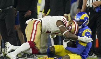San Francisco 49ers&#39; Jimmie Ward, left, is called for a penalty as he hits Los Angeles Rams&#39; Odell Beckham Jr. during the second half of the NFC Championship NFL football game Sunday, Jan. 30, 2022, in Inglewood, Calif. (AP Photo/Mark J. Terrill) ** FILE **