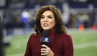 In this Nov. 19, 2017, file photo NBC sideline reporter Michele Tafoya reports before an NFL football game between the Philadelphia Eagles and Dallas Cowboys in Arlington, Texas. (AP Photo/Ron Jenkins, File)