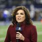 In this Nov. 19, 2017, file photo NBC sideline reporter Michele Tafoya reports before an NFL football game between the Philadelphia Eagles and Dallas Cowboys in Arlington, Texas. (AP Photo/Ron Jenkins, File)