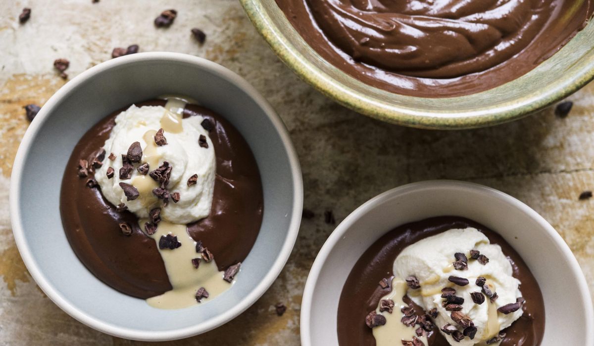 NextImg:Creamy chocolate pudding with whipped sesame topping; Jazz it up with a Mideast twist