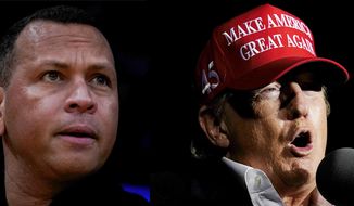 This photo combo shows former slugger Alex Rodriguez, left, and former President Donald Trump. Rodriguez, once vilified by Donald Trump as a “druggie” and “joke” unworthy of wearing the pinstripes, is now a key part of an investment group seeking to buy the rights to the ex-president’s marquee Washington, D.C., hotel, people familiar with the deal told The Associated Press. (AP Photo/Jae C. Hong, Ross D. Franklin)